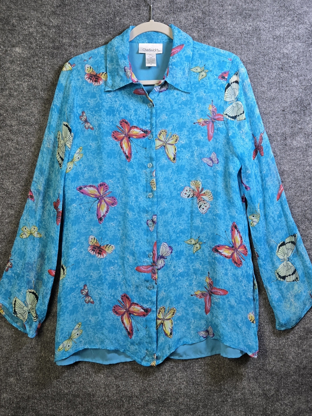 Chadwicks Top Womens 12 Turquoise Blue Silk Button Up Butterfly Print Flowy